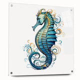Colorful acrylic wall art showcasing an intricate seahorse design, viewed from the side with decorative pins, perfect for marine life enthusiasts and home decor.