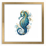 Seahorse-themed wall art framed in gold, showcasing intricate marine life design with a mat, perfect for coastal decor. Adds elegance and charm to any room.