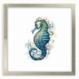 Framed wall art featuring a detailed design of a seahorse, set in a sleek silver frame with a mat, perfect for marine life enthusiasts and home decor.