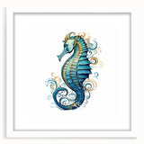 Framed wall art featuring a vibrant seahorse design in marine life theme, showcasing intricate details and bright colors, perfect for ocean-inspired decor.