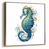 Framed wall art showcasing a vibrant seahorse design in gold hues, ideal for marine life enthusiasts, perfect for home decor or coastal-themed interiors.