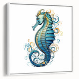 Framed canvas wall art featuring a vibrant seahorse design in a marine life theme, set against a white background, ideal for ocean-themed decor.