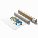 Vibrant wall art print featuring a detailed seahorse design in ocean hues, perfect for marine life enthusiasts, showcasing intricate patterns and textures.
