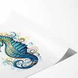 Seahorse wall art print showcasing vibrant marine life design with intricate details, rolled for easy framing and display in any ocean-themed decor setting.