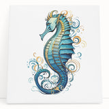 Vibrant stretched canvas wall art featuring a detailed marine life seahorse design, perfect for coastal-themed decor, showcasing intricate colors and textures.