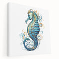 Stretched canvas wall art featuring a vibrant seahorse design, showcasing intricate marine life details against a blue background, perfect for ocean-themed decor.