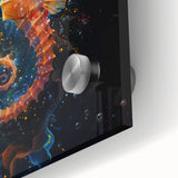 Close-up of a vibrant marine life wall art design featuring a detailed seahorse illustration on acrylic glass, showcasing intricate colors and textures. Perfect for ocean-themed decor.