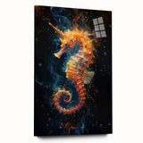 Vibrant wall art collection showcasing a detailed seahorse design on acrylic glass, featuring a side view with vivid colors and intricate patterns, perfect for marine life enthusiasts.