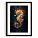 Framed wall art featuring a detailed seahorse design in vibrant colors, set against a sleek black mat, perfect for marine-themed decor in modern interiors.