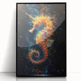 Framed wall art showcasing a vibrant marine life seahorse design in acrylic, featuring a sleek black frame, ideal for ocean-themed decor and coastal aesthetics.