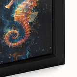 Close-up of a framed canvas wall art featuring an intricate seahorse design, showcasing vibrant colors and detailed textures, perfect for marine life enthusiasts.