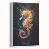 Framed wall art featuring a vibrant seahorse design in marine colors, displayed in a white frame, showcasing ocean life aesthetics perfect for coastal decor.