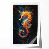 Colorful marine life wall art print featuring a detailed seahorse design, rolled for easy shipping and display, perfect for ocean-themed home decor.