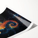 Vibrant seahorse wall art print showcasing a colorful marine life design, perfect for ocean-themed decor. Ideal for adding a touch of elegance to any room.