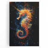 Stretched canvas wall art featuring a colorful seahorse design, showcasing intricate marine life details in vibrant blues and greens, perfect for ocean-themed decor.