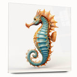Colorful seahorse wall art collection displayed in acrylic glass, showcasing intricate marine life designs with a sleek side view, perfect for ocean-themed decor.