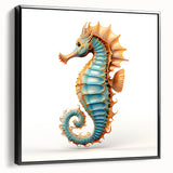 Framed canvas wall art showcasing a vibrant marine life seahorse design in a black frame, ideal for ocean-themed decor, adding color and style to any room.