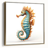 Framed wall art featuring a detailed seahorse design in vibrant colors, set against a gold background, perfect for marine life enthusiasts and home decor.