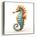 Framed wall art featuring a detailed silver seahorse design on canvas, showcasing intricate marine life elements with vibrant colors, perfect for ocean-themed decor.