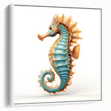 Framed wall art featuring a vibrant seahorse design in a marine life theme, showcasing intricate details and colors, ideal for ocean-inspired decor.