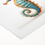 Vibrant rolled canvas artwork depicting a colorful seahorse design, showcasing intricate marine life details, perfect for ocean-themed home décor.