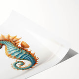 Vibrant seahorse wall art design showcasing intricate marine life details, perfect for ocean-themed decor. Rolled print in a protective cardboard tube for easy framing.