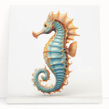Vibrant seahorse wall art design on stretched canvas, showcasing intricate marine life details and colorful underwater hues, perfect for ocean-themed decor.