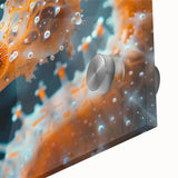 Close-up of a vibrant marine life wall art design featuring a detailed seahorse illustration, printed on acrylic glass, showcasing intricate colors and textures perfect for ocean-themed decor.