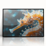 Framed wall art featuring a vibrant marine life design with a seahorse, set in a sleek black frame, perfect for ocean-themed home decor.