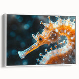 Framed wall art featuring a detailed seahorse design on canvas, set against a white background, showcasing vibrant colors and intricate textures, perfect for marine-themed decor.