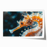 Elegant wall art print showcasing a vibrant seahorse design in oceanic colors, perfect for marine life enthusiasts. Ideal decor for coastal-themed interiors.