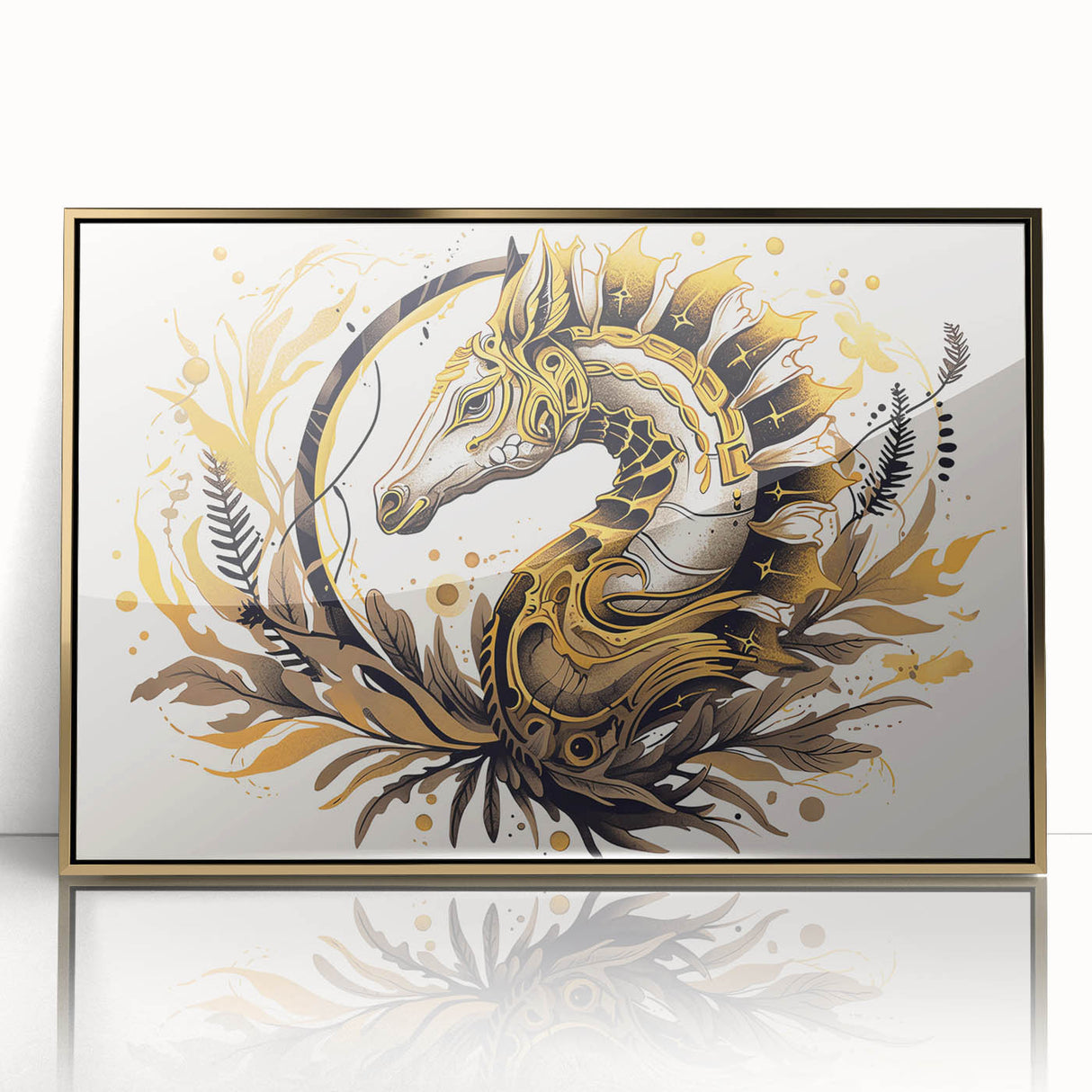 Framed wall art featuring a detailed seahorse design in vibrant colors, set against a sleek gold-acrylic frame, perfect for marine life enthusiasts. Ideal for home decor.