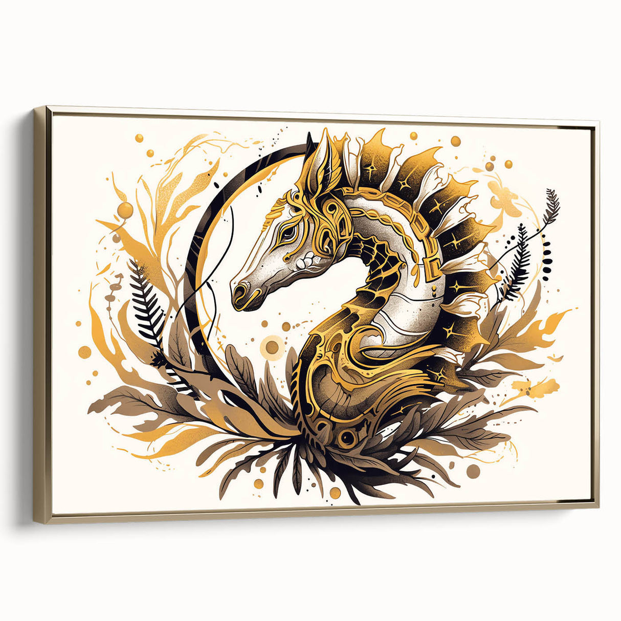 Framed canvas wall art showcasing a vibrant gold-accented seahorse design, perfect for marine life enthusiasts and coastal decor, adding elegance to any space.