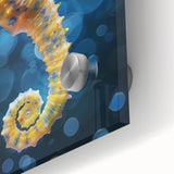 Close-up of a vibrant marine life wall art piece featuring a detailed seahorse design, printed on acrylic glass, showcasing colorful ocean hues and intricate textures, perfect for home decor.
