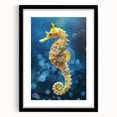 Seahorse-themed wall art collection featuring a framed design with a black mat, showcasing intricate marine life details and vibrant colors, perfect for ocean lovers' decor.