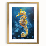 Framed wall art featuring a stunning seahorse design in a gold frame with a white mat, showcasing intricate marine life details, perfect for ocean-themed decor.