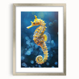 Framed marine life wall art featuring a detailed seahorse design, highlighted with silver accents and a mat, perfect for coastal-themed decor.