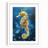 Framed marine life wall art featuring a detailed seahorse design with a white mat and sleek frame, perfect for ocean-themed decor in any room.