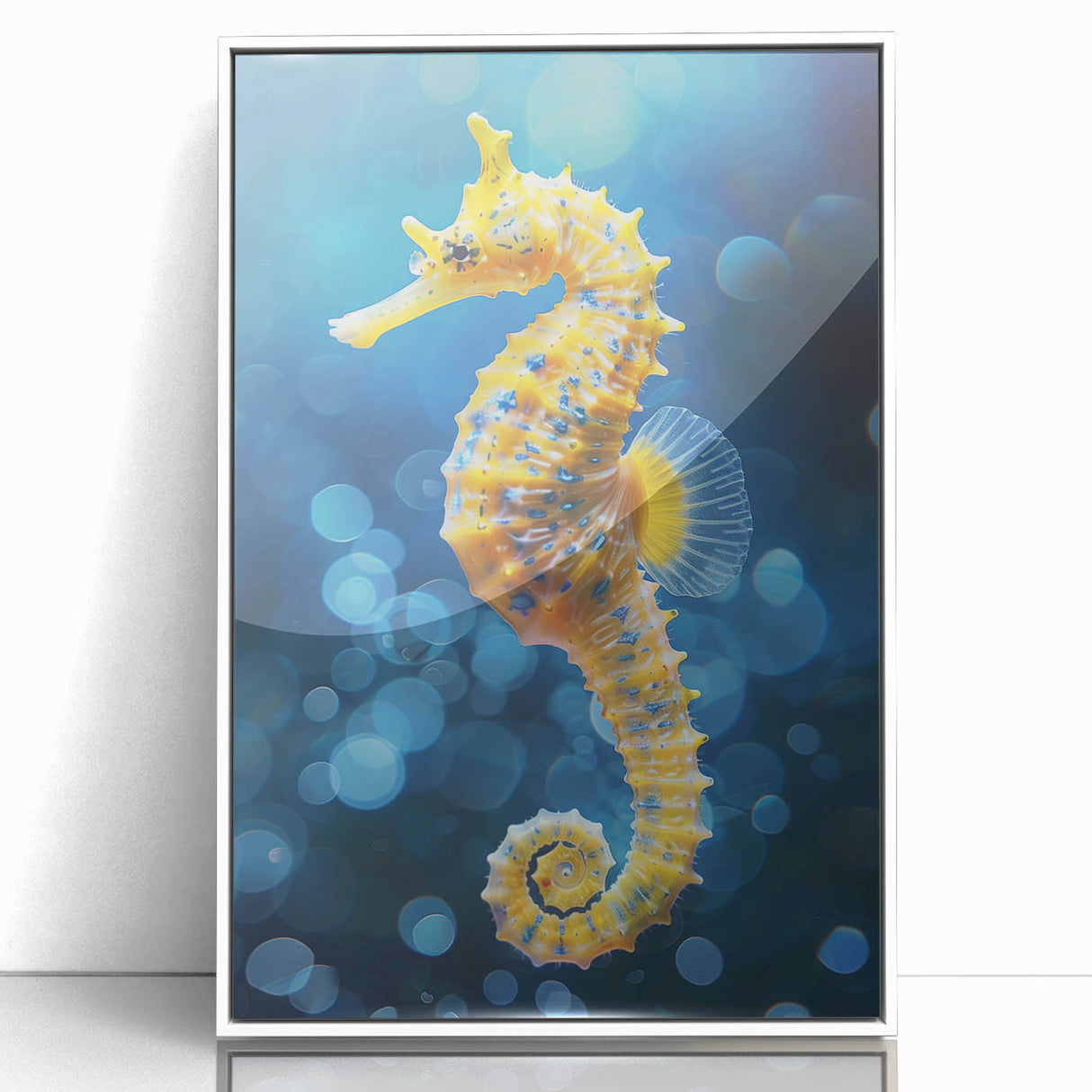 Framed wall art featuring a vibrant marine life design of a seahorse, presented in a white frame with acrylic front, ideal for ocean-themed decor.