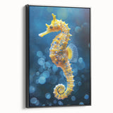 Framed wall art showcasing a vibrant seahorse design on canvas, featuring intricate details and a black frame, perfect for marine life enthusiasts and coastal decor.