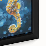 Close-up of a framed canvas wall art showcasing a vibrant seahorse design, featuring intricate details in shades of blue and green, perfect for marine decor enthusiasts.
