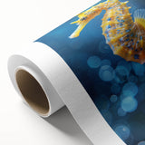 Colorful seahorse wall art design on rolled canvas, showcasing intricate marine life details against a vibrant underwater background, ideal for ocean-themed decor.