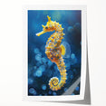 Colorful marine life seahorse wall art print showcasing intricate details and vibrant hues, perfect for ocean-themed decor. Ideal for enhancing living spaces or coastal interiors.