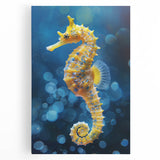 Stretched canvas wall art featuring a vibrant marine life design of a seahorse in shades of blue and green, perfect for beach-themed decor.