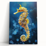 Vibrant seahorse wall art design printed on stretched canvas, showcasing intricate marine life details in shades of blue and orange, perfect for ocean-themed decor.