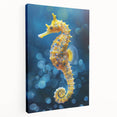 Stretched canvas wall art featuring a colorful seahorse design, showcasing intricate details and vibrant colors, perfect for marine life enthusiasts and home decor.