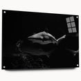 Side view of a marine life-themed wall art piece showcasing a shark design, printed on acrylic glass, with visible mounting pins. Ideal for ocean lovers' decor.