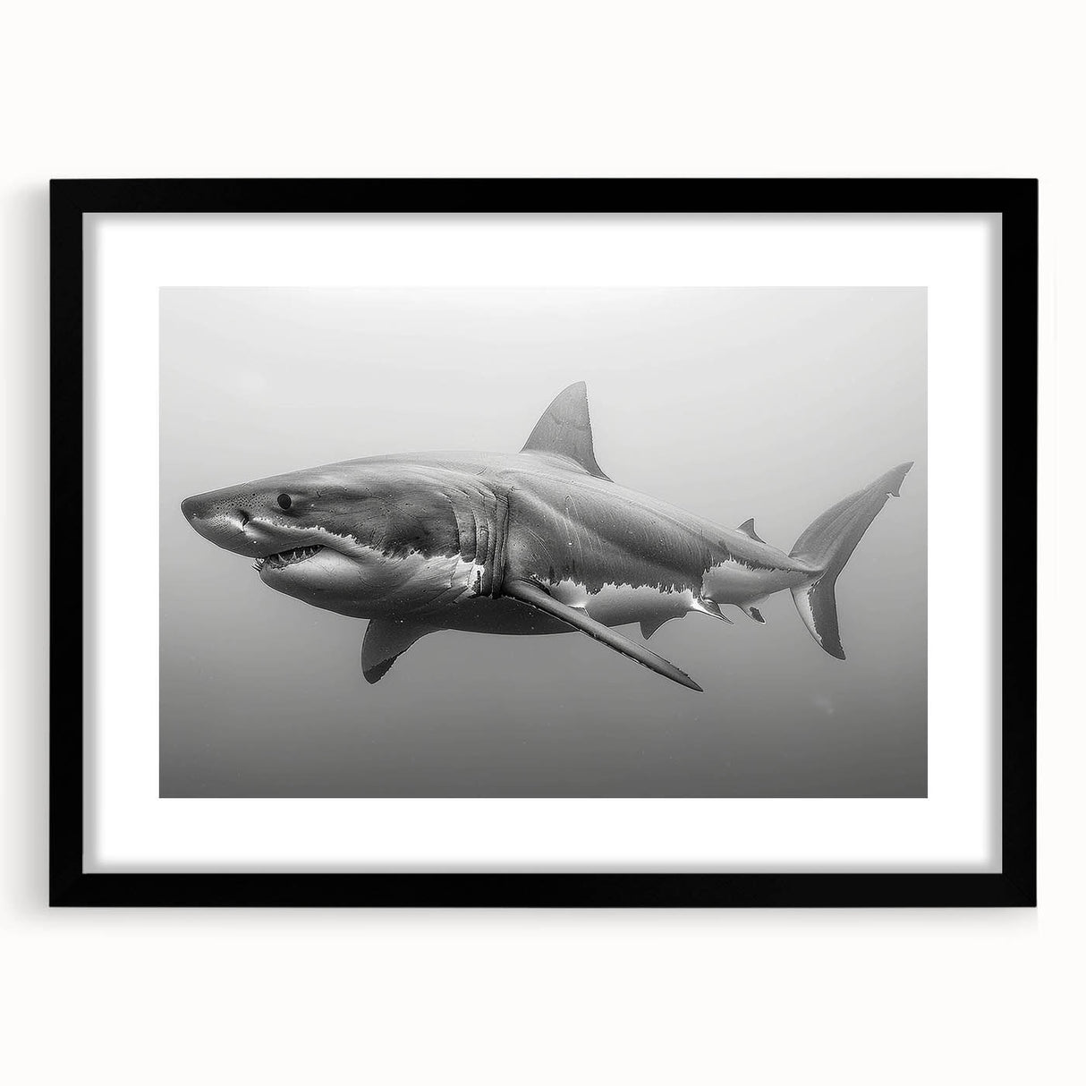 Stylish black-framed wall art featuring a striking shark design in a marine life theme, perfect for ocean enthusiasts and modern decor, highlighting vibrant colors and intricate details.