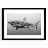 Stylish black-framed wall art featuring a striking shark design in a marine life theme, perfect for ocean enthusiasts and modern decor, highlighting vibrant colors and intricate details.