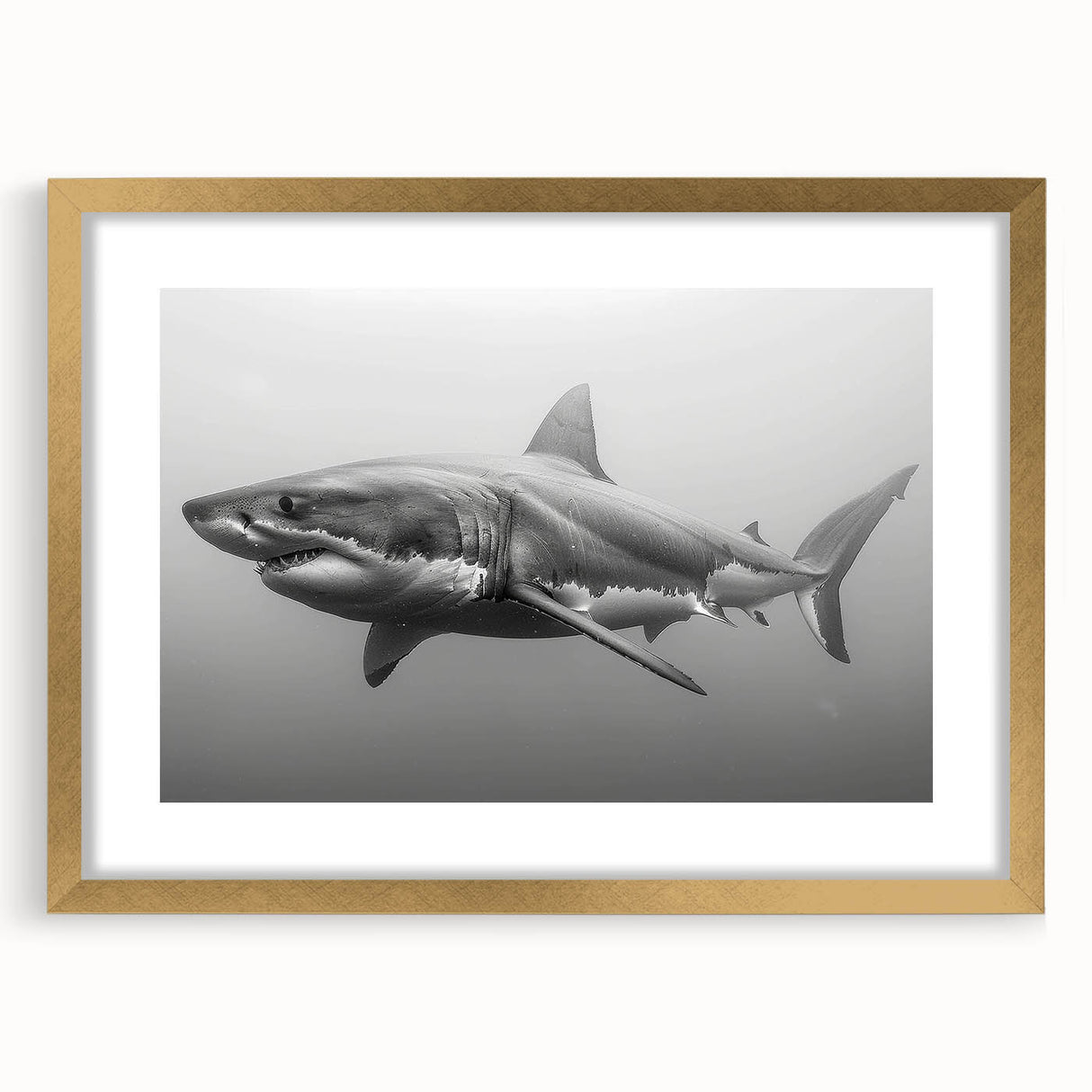 Framed wall art showcasing a sleek shark design in gold and blue tones, highlighting marine life intricacies. Ideal for ocean-themed decor, enhancing any space.